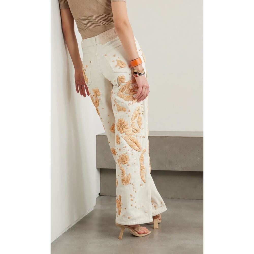 Cult Gaia Jarli White Raffia Appliqué High Rise Wide Leg Jeans XS - Picture 5 of 16